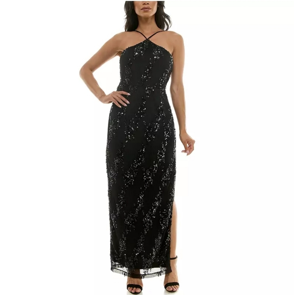 Juniors' Violet Weekend Halter Neck Sequin Knit Sheath Midi Dress